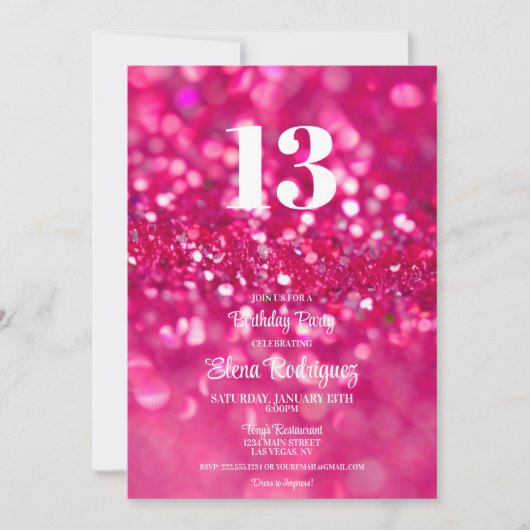 Heet Roze Glitter Glam 13e Verjaardag uitnodiging (Voorkant)