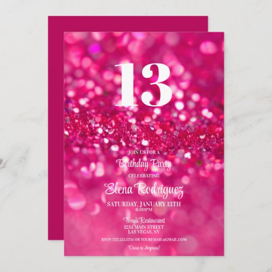 Heet Roze Glitter Glam 13e Verjaardag uitnodiging (Voorkant / Achterkant)