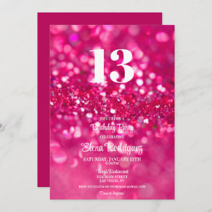 Heet Roze Glitter Glam 13e Verjaardag uitnodiging