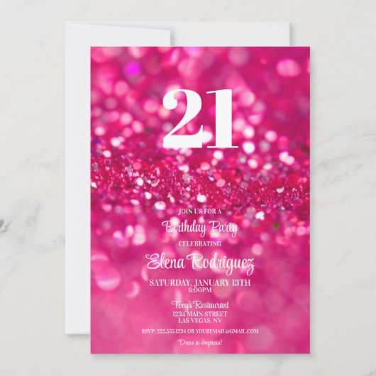 Heet Roze Glitter Glam 21e Verjaardag Uitnodiging (Voorkant)