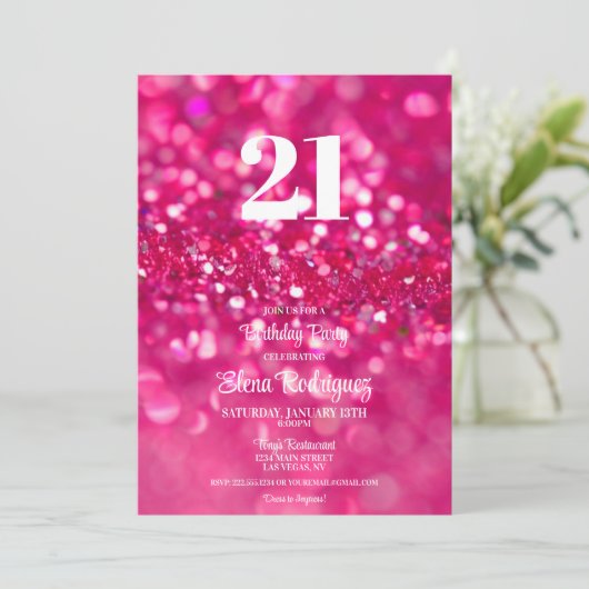 Heet Roze Glitter Glam 21e Verjaardag Uitnodiging (Staand voorkant)