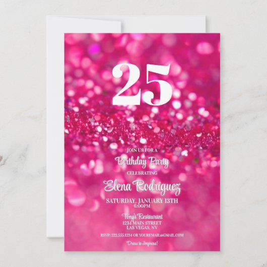 Heet Roze Glitter Glam 25e Verjaardag Uitnodiging (Voorkant)