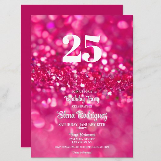 Heet Roze Glitter Glam 25e Verjaardag Uitnodiging