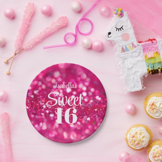 Heet Roze Glitter Glam Sweet 16 Verjaardag Papieren Bordje (Feest)