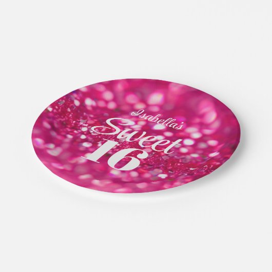 Heet Roze Glitter Glam Sweet 16 Verjaardag Papieren Bordje (Gekanteld)