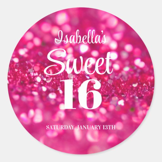 Heet Roze Glitter Glam Sweet 16 Verjaardag Ronde Sticker (Voorkant)
