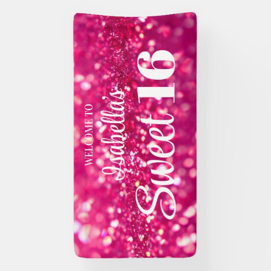 Heet Roze Glitter Glam Sweet 16 Verjaardag Welkom Spandoek (Verticaal)