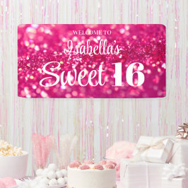 Heet Roze Glitter Glam Sweet 16 Verjaardag Welkom Spandoek
