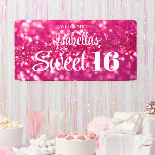 Heet Roze Glitter Glam Sweet 16 Verjaardag Welkom Spandoek