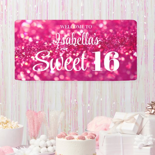 Heet Roze Glitter Glam Sweet 16 Verjaardag Welkom Spandoek