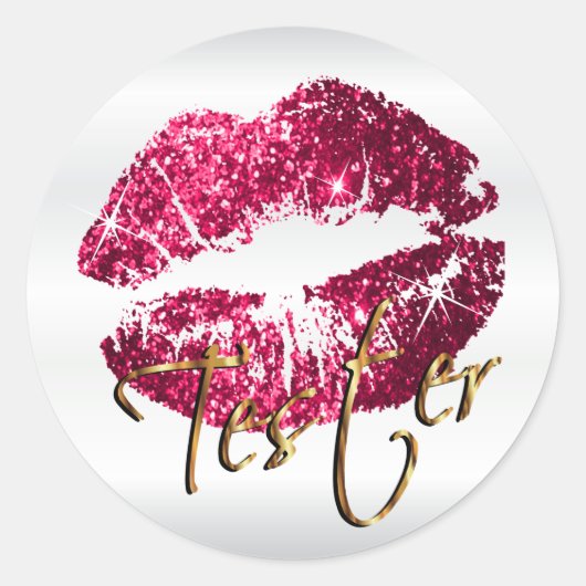 Heet Roze Glitter Lippen op Satijn Wit - Tester Ronde Sticker (Voorkant)