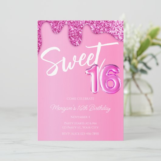 Heet roze glitter meisje lief 16 verjaardagsfeest kaart (Staand voorkant)