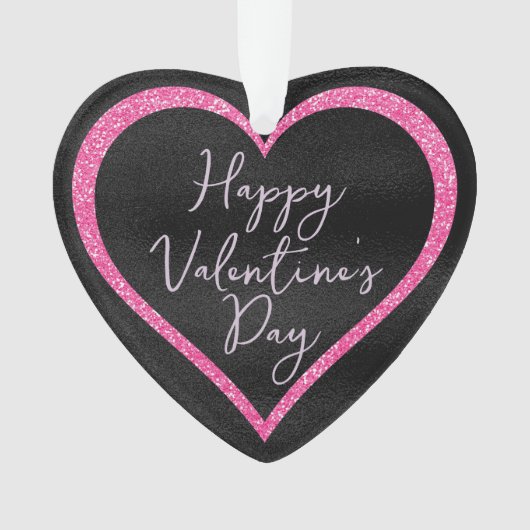 Heet Roze Glitter op Zwarte Romantische Valentijns Ornament (voorkant)