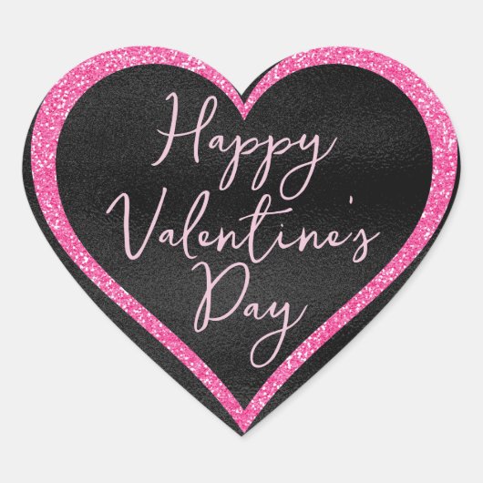 Heet Roze Glitter op Zwarte Valentijnsdag Hart Sticker (Voorkant)