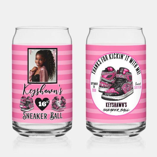 Heet Roze Glitter Sneaker Bal Foto Verjaardag Blikvorm Glas (Achterkant)