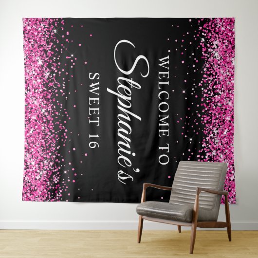 Heet Roze Glitter Zwart Lief 16 Verjaardag Welkom Wandkleed (In Situ (horizontaal))
