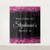 Heet Roze Glitter Zwart Lief 16 Verjaardag Welkom Wandkleed (Voorkant)
