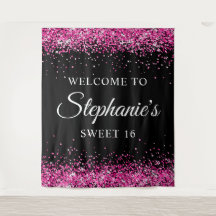 Heet Roze Glitter Zwart Lief 16 Verjaardag Welkom