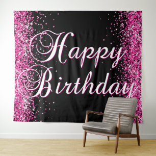 Heet Roze Glitter Zwart Verjaardag Calligrafie Wandkleed