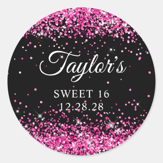 Heet Roze Glitter Zwart Zoet 16 Ronde Sticker (Voorkant)