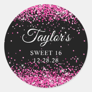 Heet Roze Glitter Zwarte Sweet 16 Ronde Sticker
