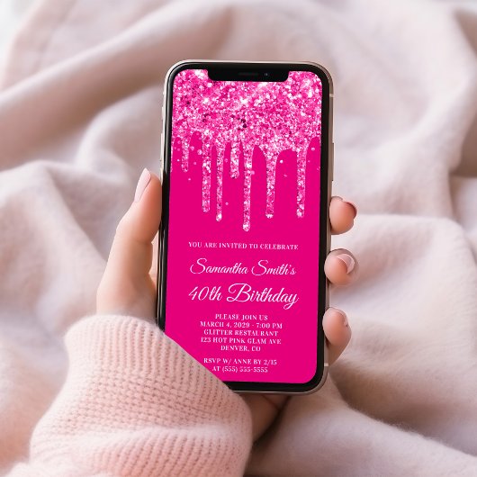 Heet Roze Glitterdruppels 40e Verjaardag Kaart