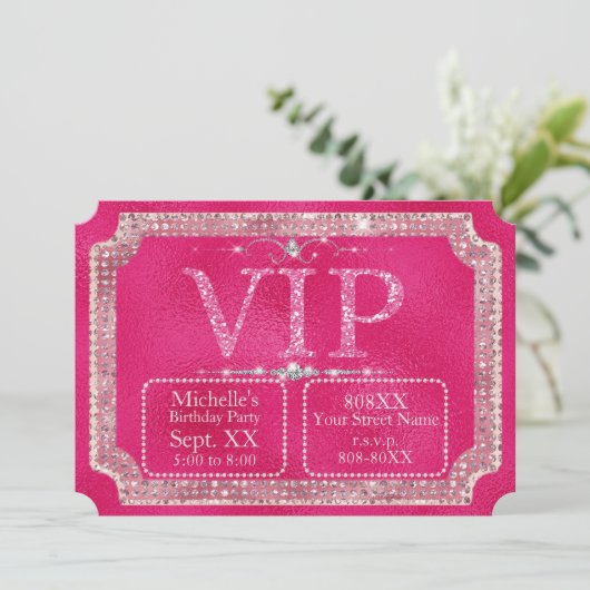 Heet Roze Glitters & Diamanten VIP Ticket Kaart (Staand voorkant)