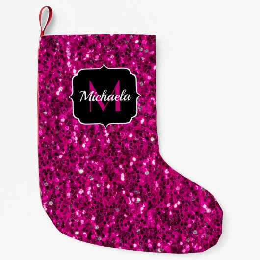Heet roze glitters namaak glinsterend monogram kleine kerstsok (Voorkant)
