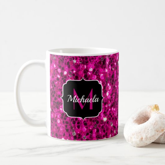 Heet roze glitters nep glinsterend monogram koffiemok (Met donut)