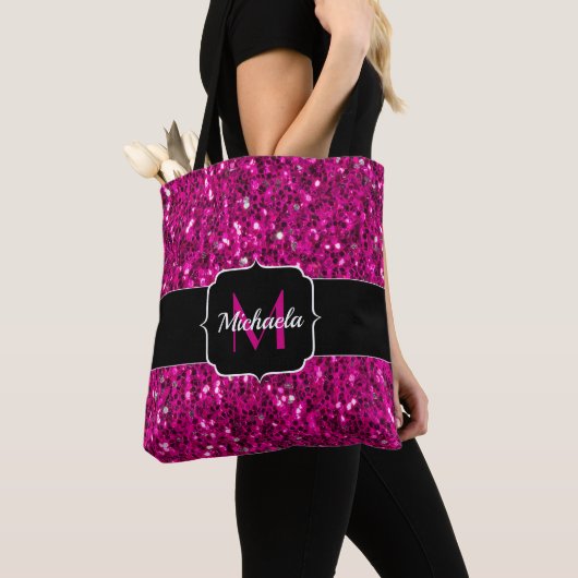 Heet roze glitters nepschitterende Monogram Tote Bag (Dichtbij)