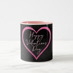 Heet Roze Glitters op Zwarte Valentijnsdag Tweekleurige Koffiemok