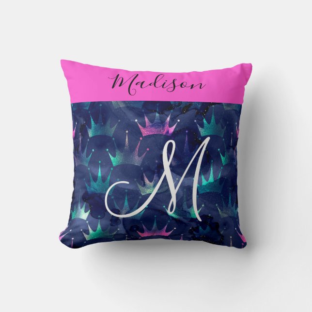 Heet roze glittersparkling zeemeermin kronen monog kussen (Voorkant)
