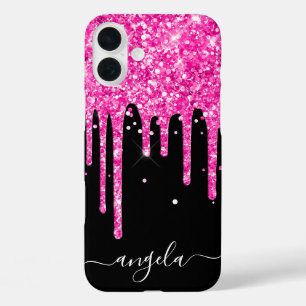 Heet roze glittersuikers zwarte glamour handtekeni iPhone 16 plus hoesje
