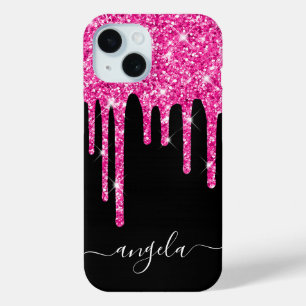 Heet roze glittersuikers zwarte glamour handtekeni iPhone 15 case