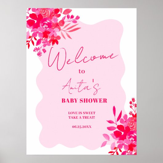 Heet roze golvend rood roze bloemig baby shower we poster (Voorkant)