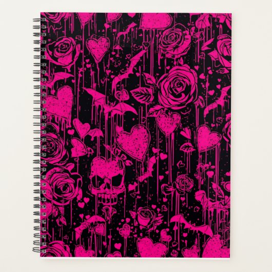 Heet Roze Gotische Rozen & Schedels Patroon Planner (Voorkant)