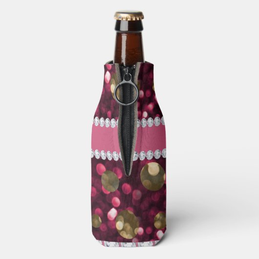 Heet Roze Goud Bokeh Faux Diamonds Gepersonaliseer Flesjeskoeler (Fles Achterkant)