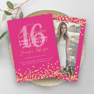 Heet Roze Goud Glitter Foto Verrassing Zoet 16 Kaart