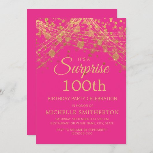 Heet Roze Goud Verrassing 100ste Verjaardag Kaart (Voorkant / Achterkant)