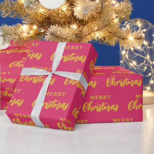 Heet Roze Goud Vrolijk Kerstmis Script Patroon Cadeaupapier