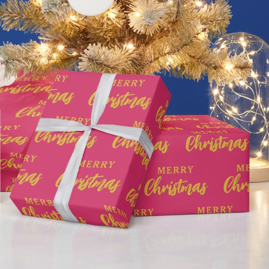 Heet Roze Goud Vrolijk Kerstmis Script Patroon Cadeaupapier (Feestdagen)