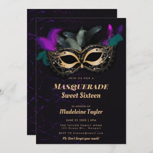 Heet Roze Goud Zwart Masker Maskerade Sweet 16 Par Kaart (Voorkant / Achterkant)