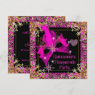 Heet Roze Goud Zwart Masquerade Quinceanera Feest Kaart