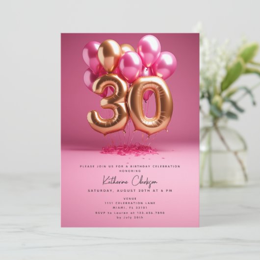 Heet Roze Gouden Ballonnen 30e Verjaardagsfeest Kaart (Staand voorkant)