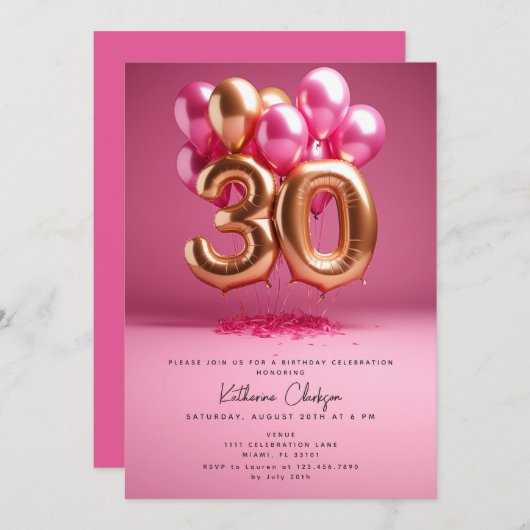 Heet Roze Gouden Ballonnen 30e Verjaardagsfeest Kaart (Voorkant / Achterkant)