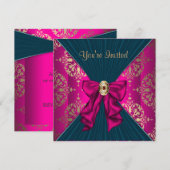 Heet roze gouden damast zwarte feest kaart (Voorkant / Achterkant)