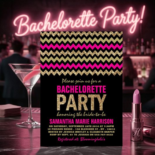 Heet Roze & Gouden Glitter Chevron Bachelorette Fe Kaart