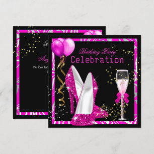 Heet Roze Gouden Glitter Zebra Zwarte Verjaardagsf Kaart