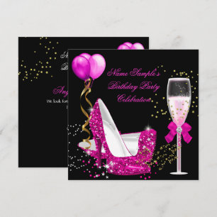 Heet Roze Gouden Glitters Zwarte Verjaardagsfeest Kaart