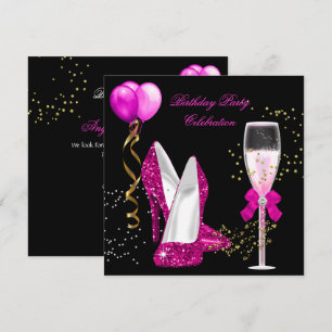 Heet Roze Gouden Glitters Zwarte Verjaardagsfeest Kaart